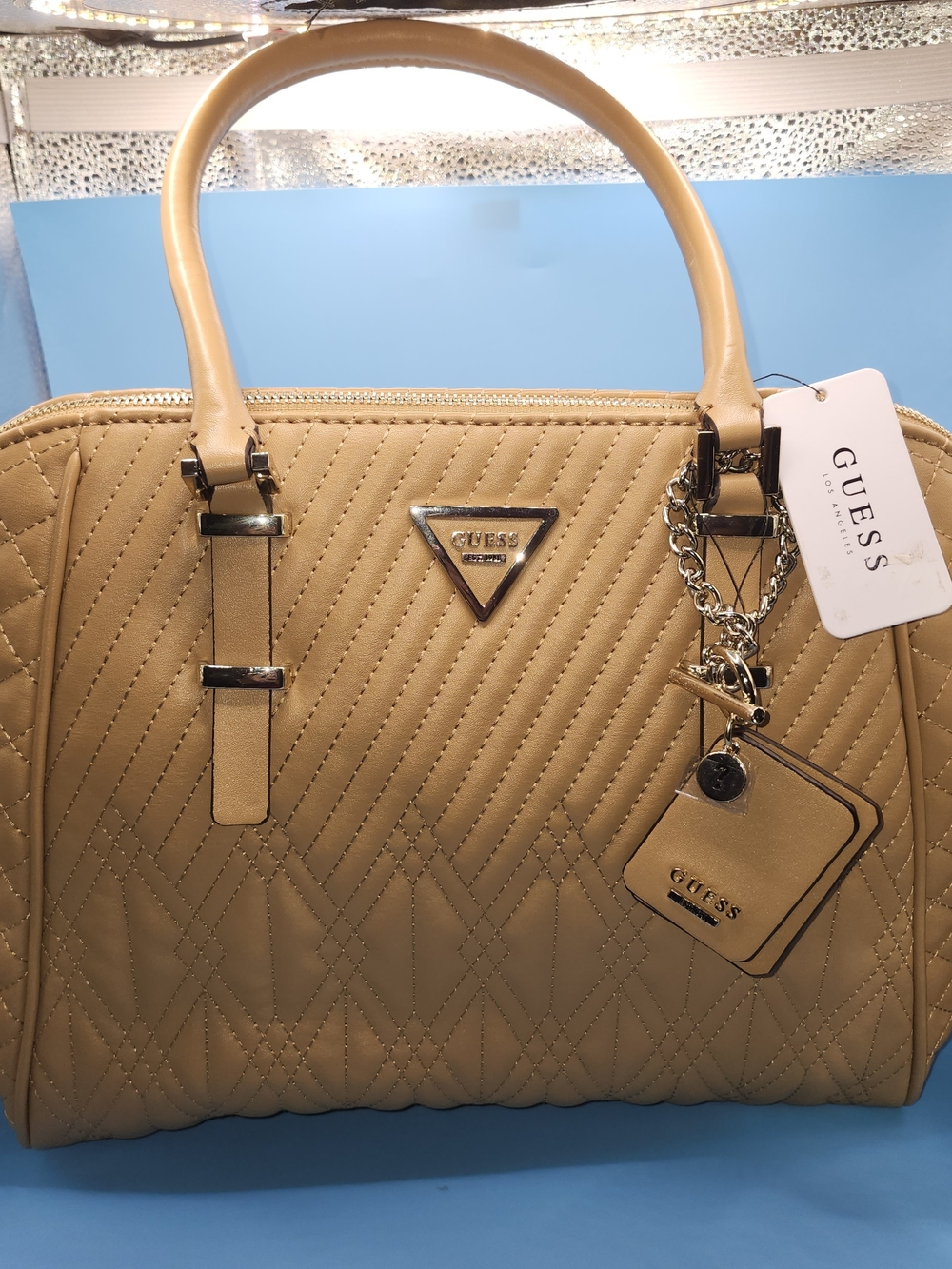 GUESS Los Angeles Quilted Satchel Handbag/ Beige Tan Tote Shoulder Designer NWT